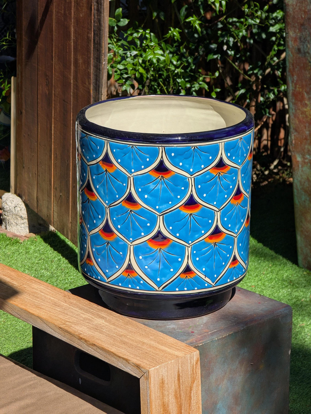 Talavera Planter | 14" Tall Round Flower Pot is Handmade Ceramic Mexican Pottery & Garden Art - Bold Indoor Home Decor or Housewarming Gift
