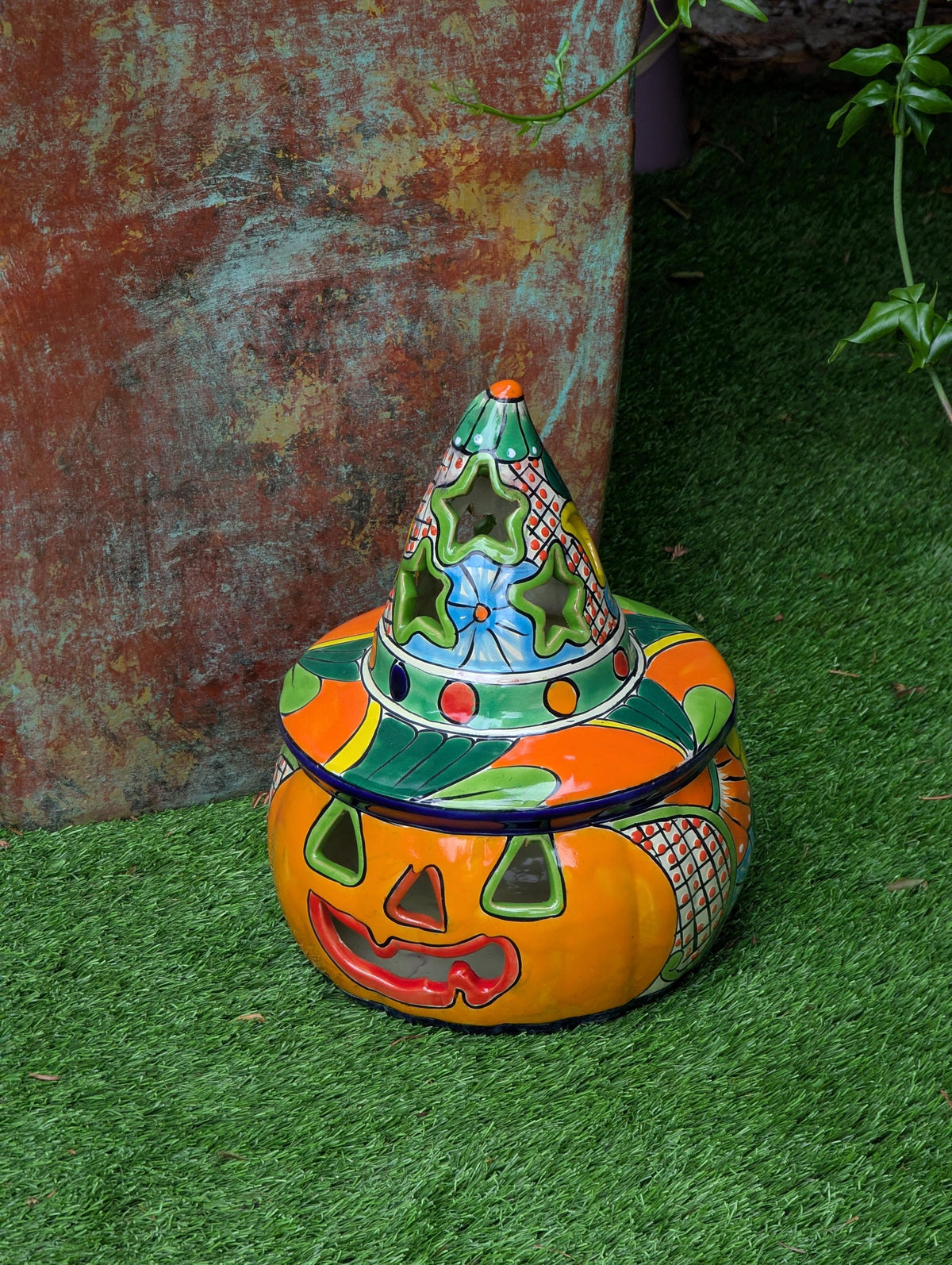 Halloween Pumpkin Decor | Handmade Mexican Talavera Yard Art & Home Decor, Large Autumn Jack-o-Lantern, Sold As Is