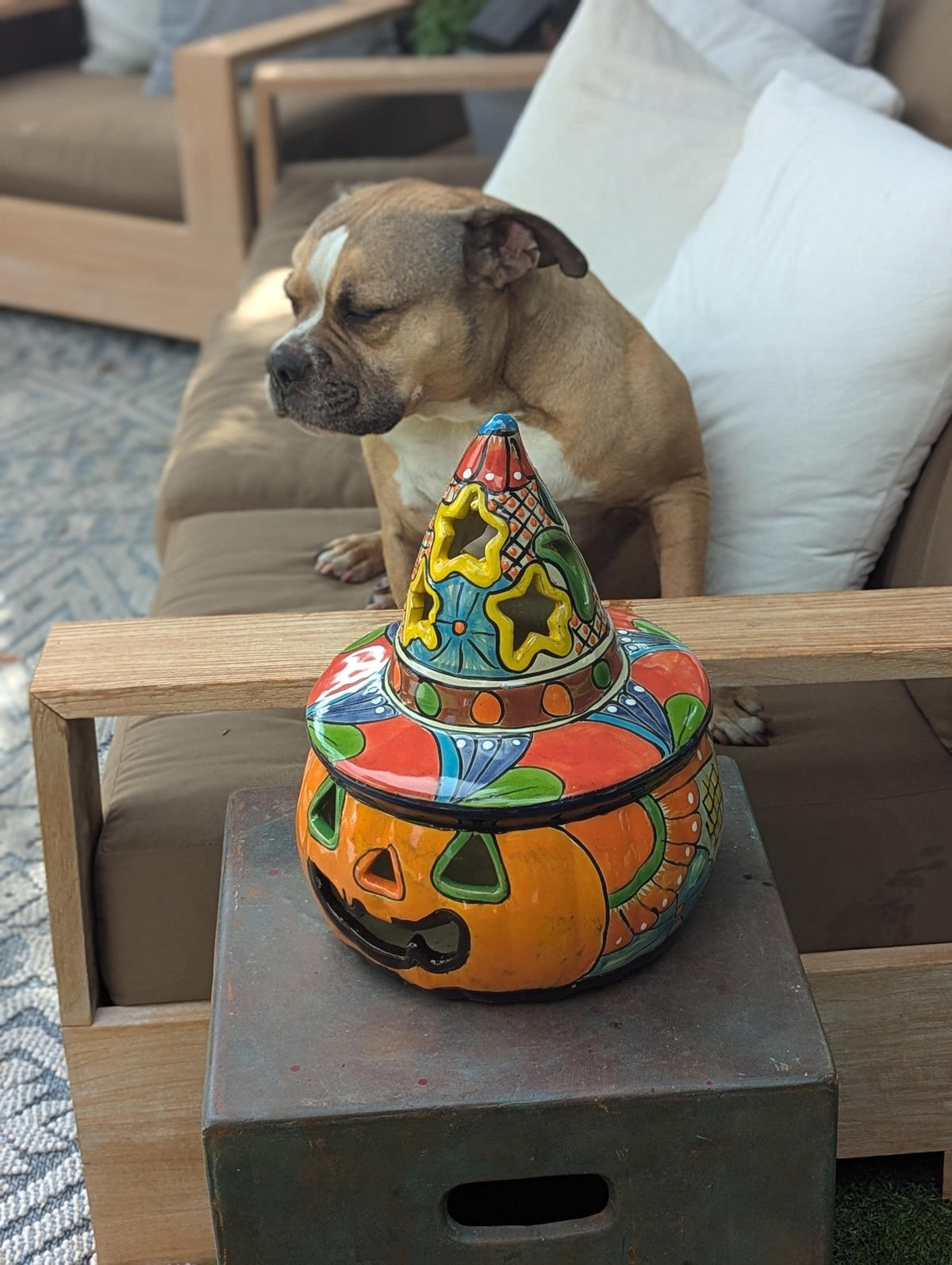 Halloween Pumpkin Decor | Handmade Mexican Talavera Yard Art & Home Decor, Large Autumn Jack-o-Lantern