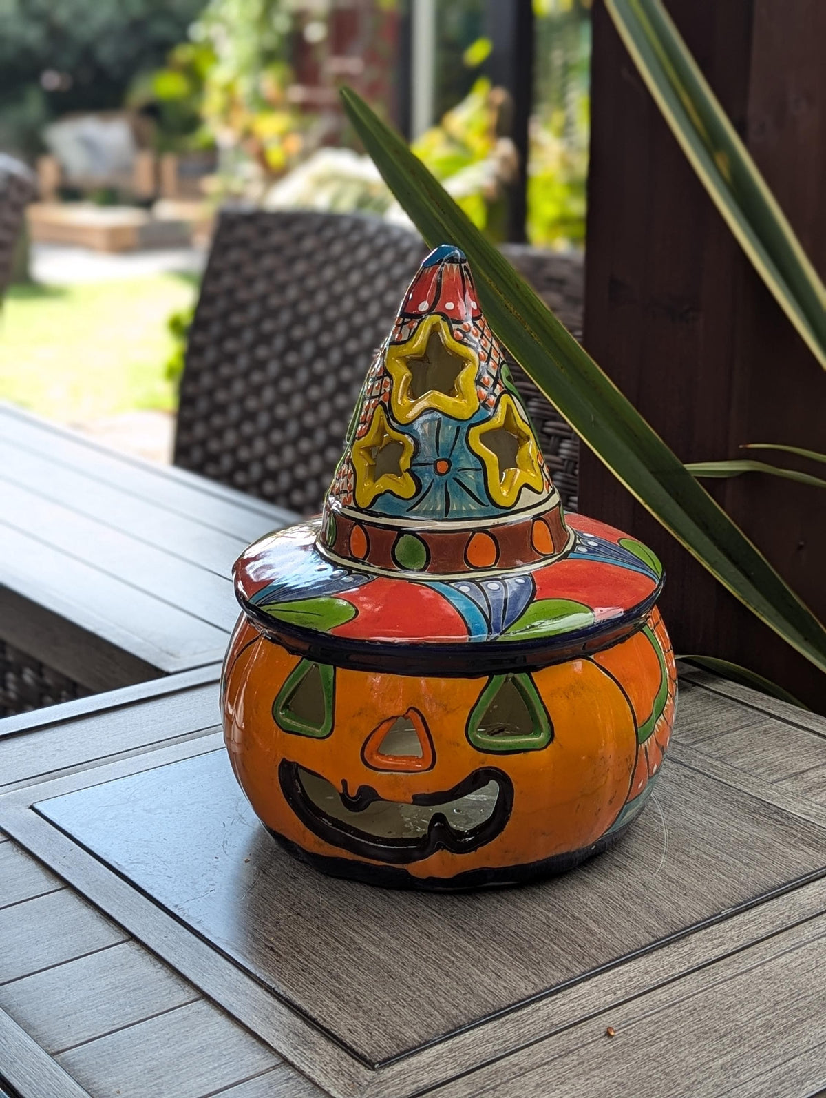 Halloween Pumpkin Decor | Handmade Mexican Talavera Yard Art & Home Decor, Large Autumn Jack-o-Lantern