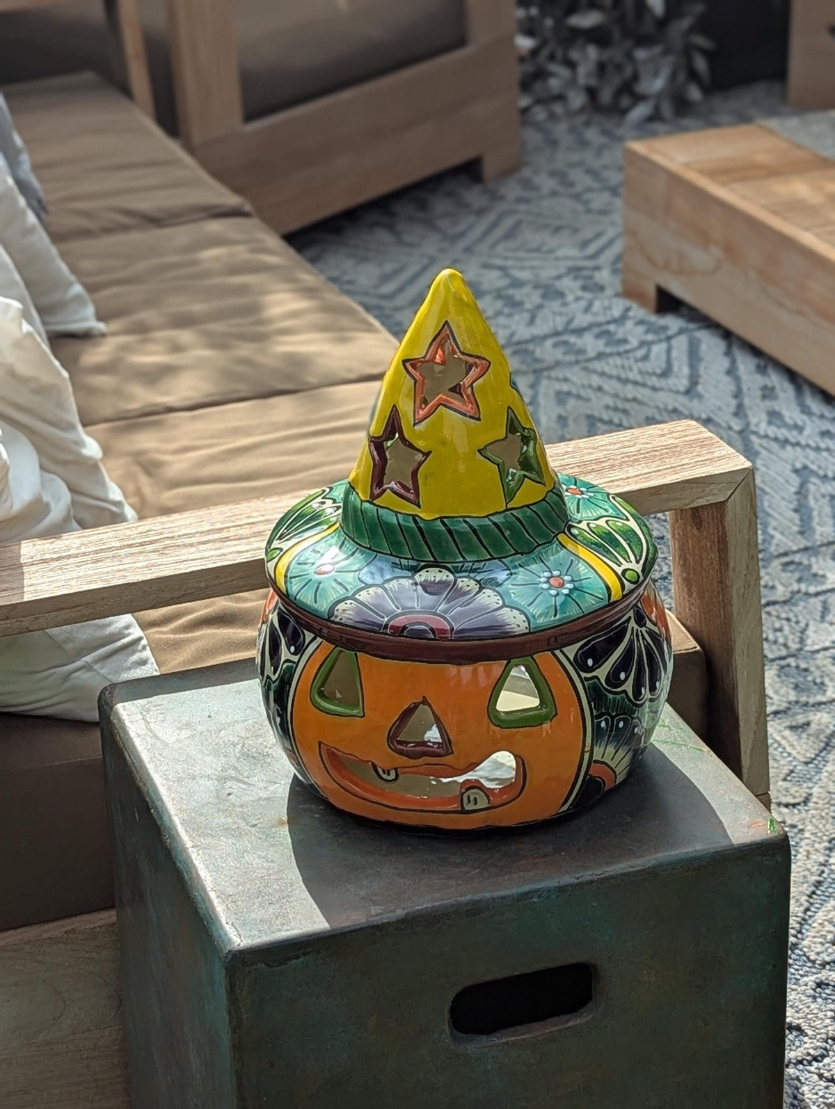 Halloween Pumpkin Decor | Handmade Mexican Talavera Yard Art & Home Decor, Large Autumn Jack-o-Lantern