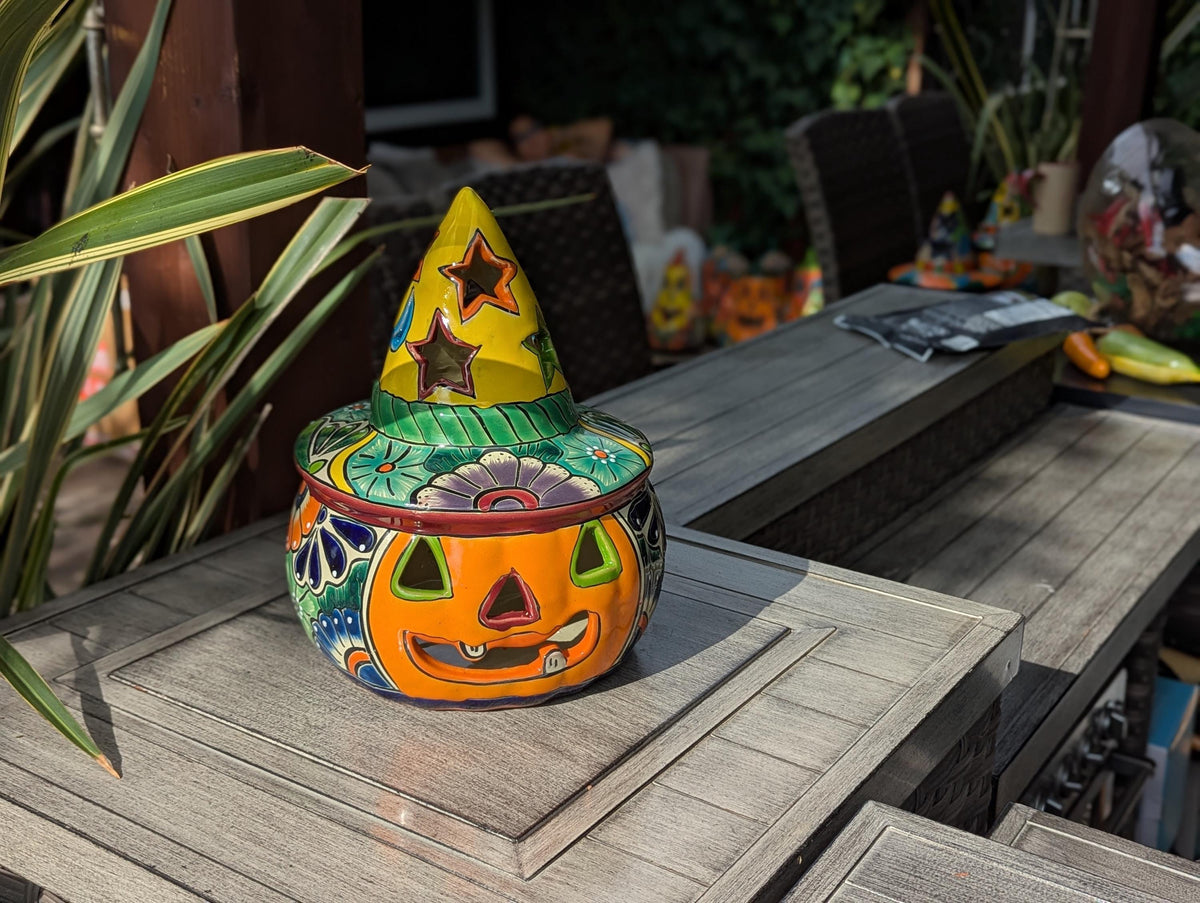 Halloween Pumpkin Decor | Handmade Mexican Talavera Yard Art & Home Decor, Large Autumn Jack-o-Lantern