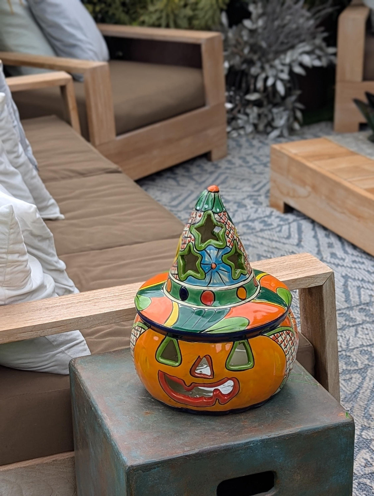 Halloween Pumpkin Decor | Handmade Mexican Talavera Yard Art & Home Decor, Large Autumn Jack-o-Lantern