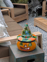 Halloween Pumpkin Decor | Handmade Mexican Talavera Yard Art & Home Decor, Large Autumn Jack-o-Lantern
