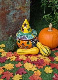 Halloween Pumpkin Decor | Handmade Mexican Talavera Yard Art & Home Decor, Large Autumn Jack-o-Lantern