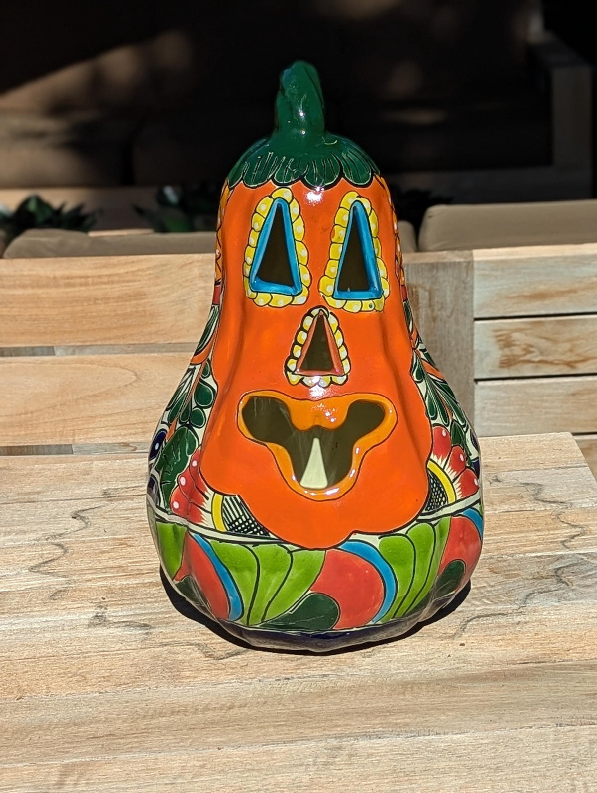 Talavera Haloween Pumpkin is a Handmade Mexican Ceramic Jack-o-Lantern Decor