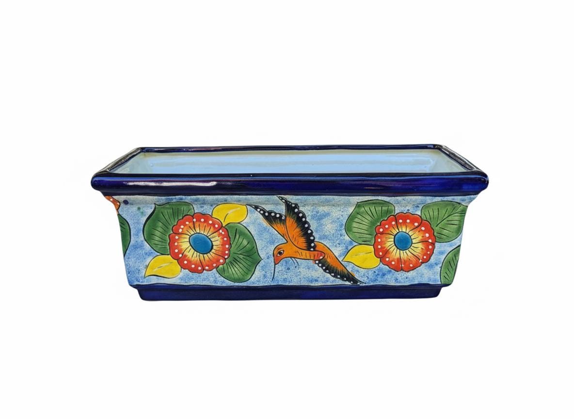 Windowsill Planter is Handmade Mexican Talavera Pottery with Hummingbird Motif