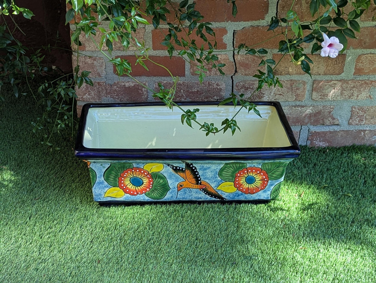 Windowsill Planter is Handmade Mexican Talavera Pottery with Hummingbird Motif