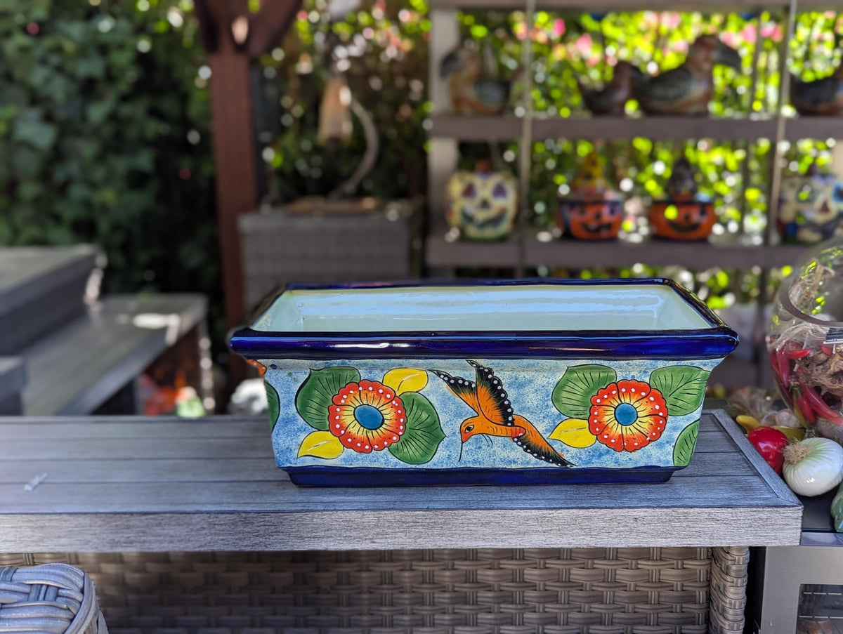 Windowsill Planter is Handmade Mexican Talavera Pottery with Hummingbird Motif