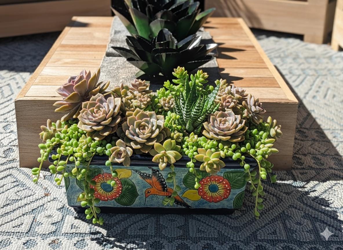 Windowsill Planter is Handmade Mexican Talavera Pottery with Hummingbird Motif