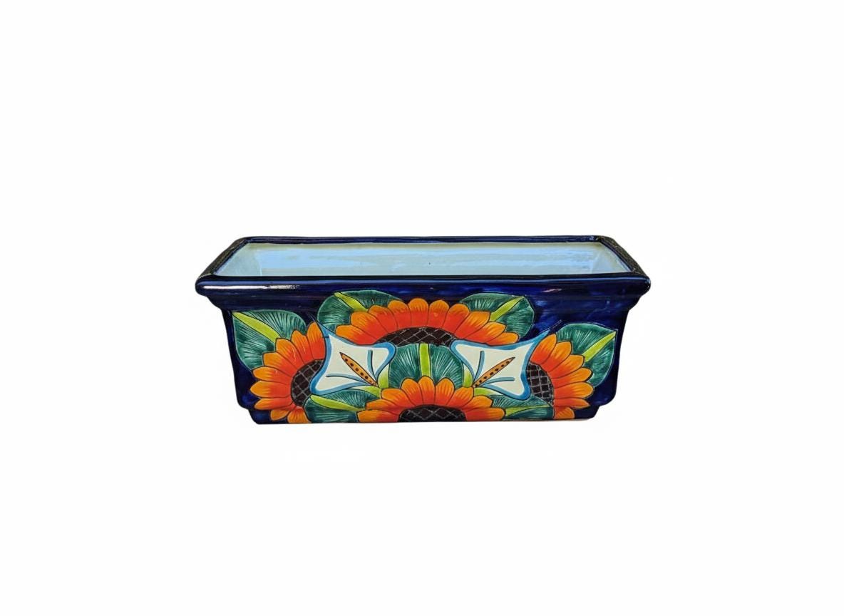 Window Box Planter is Handmade Talavera Mexican Pottery with a Sunflower Lily Motif