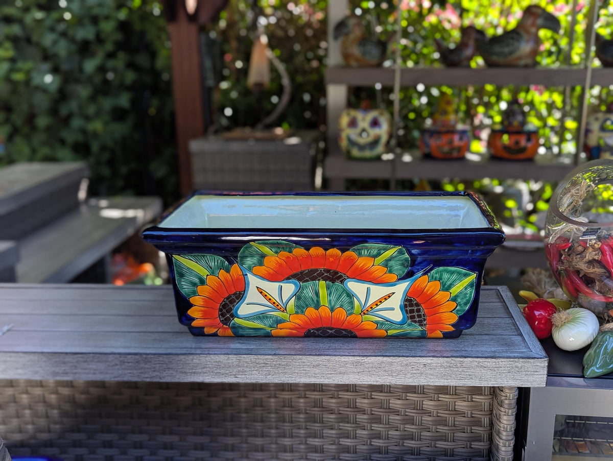 Window Box Planter is Handmade Talavera Mexican Pottery with a Sunflower Lily Motif