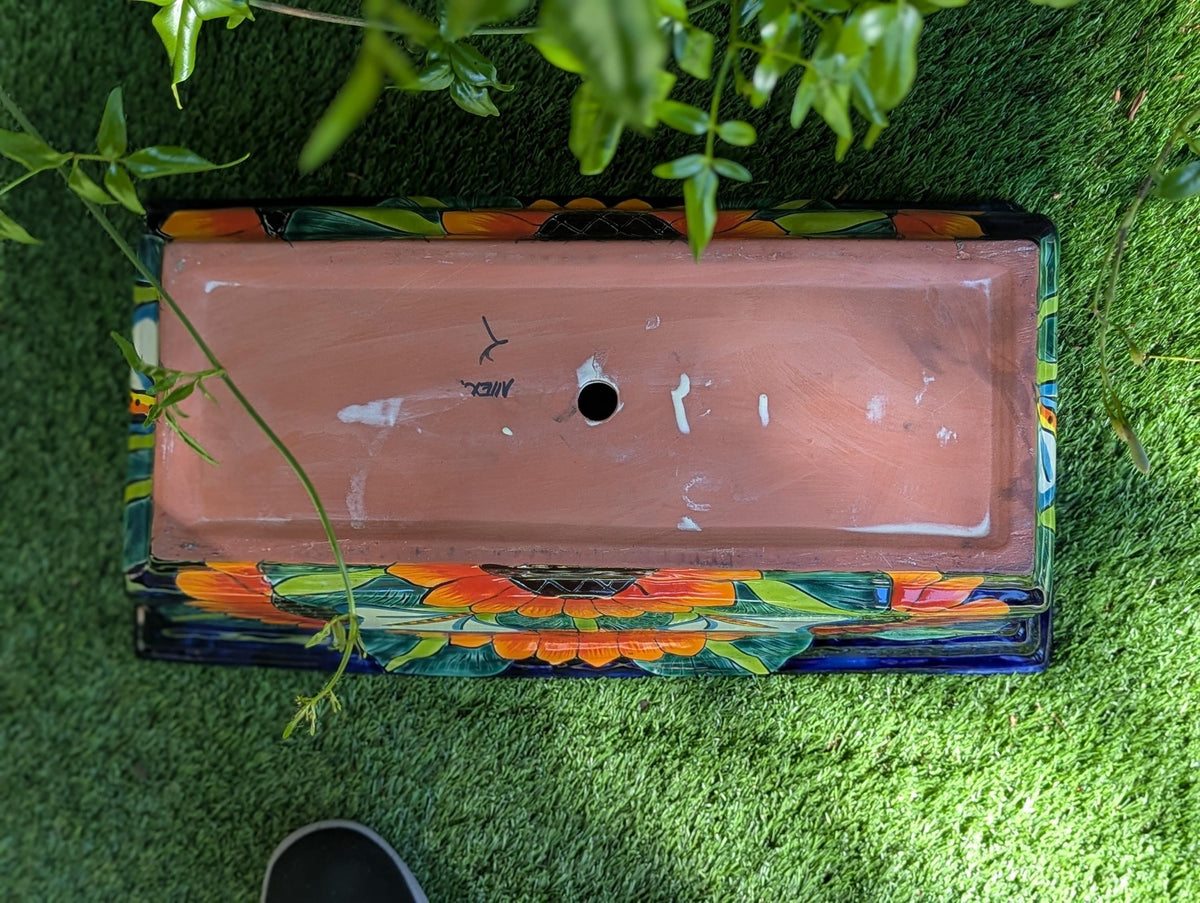 Window Box Planter is Handmade Talavera Mexican Pottery with a Sunflower Lily Motif