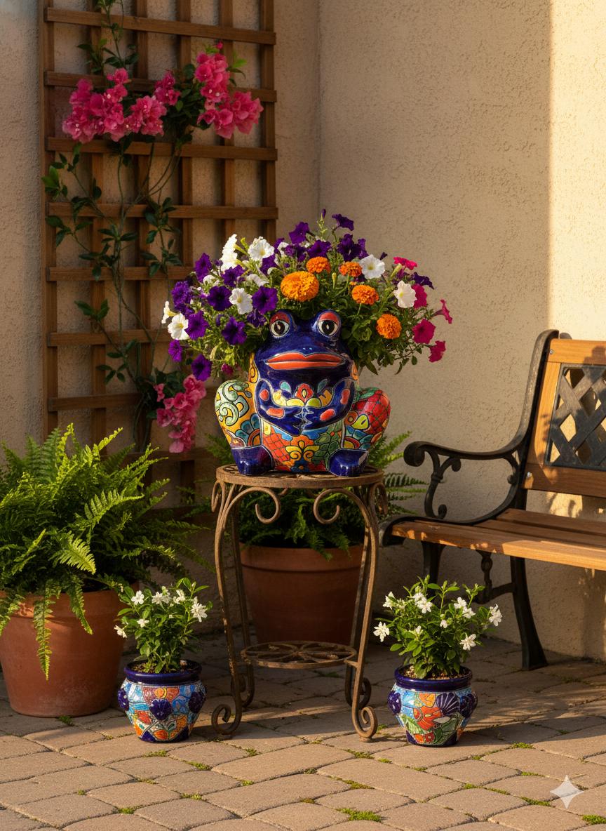 Handmade Talavera Frog Planter: Colorful Mexican Pottery Garden Decor