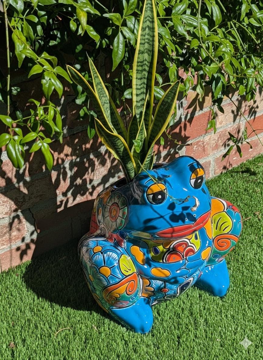 Handmade Talavera Frog Planter: Colorful Mexican Pottery Garden Decor