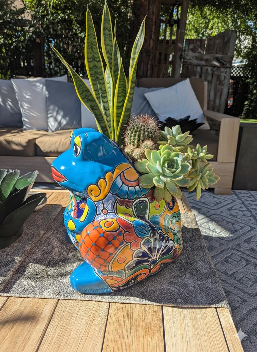 Handmade Talavera Frog Planter: Colorful Mexican Pottery Garden Decor