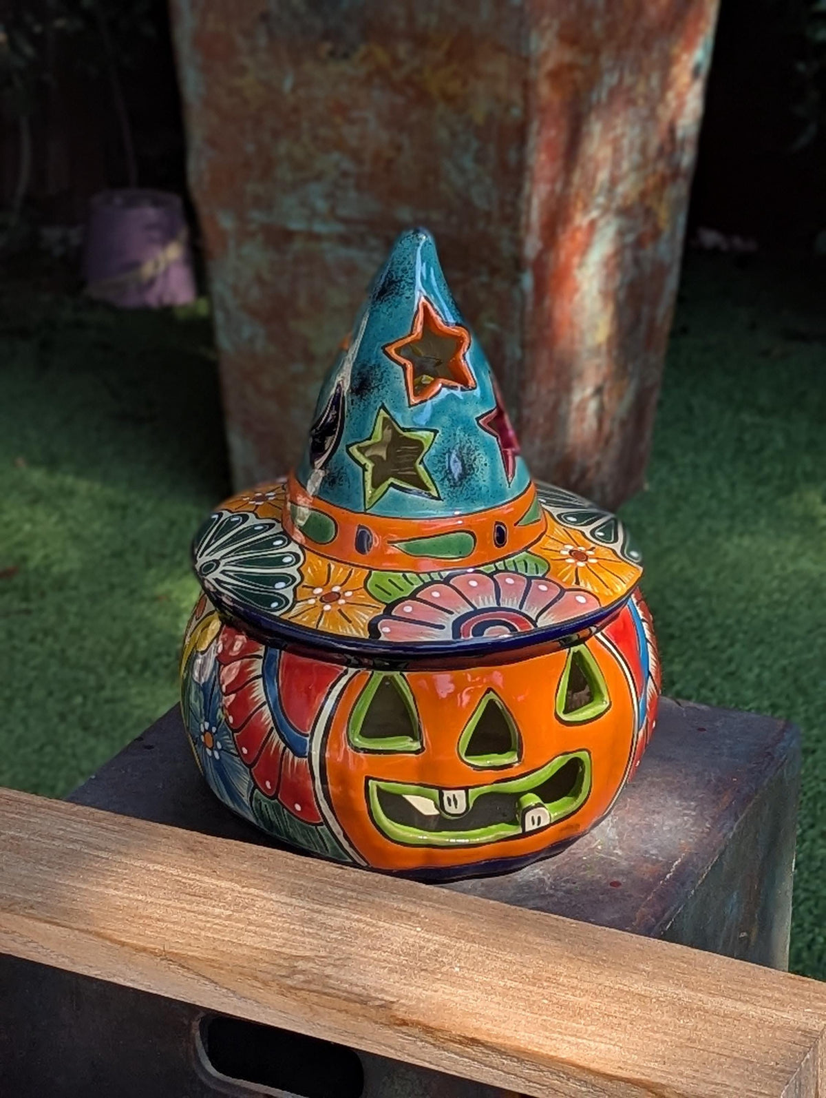Halloween Pumpkin Fall Decor | Handmade Mexican Talavera Porch Art & House Decor, Large Autumn Jack-o-Lantern