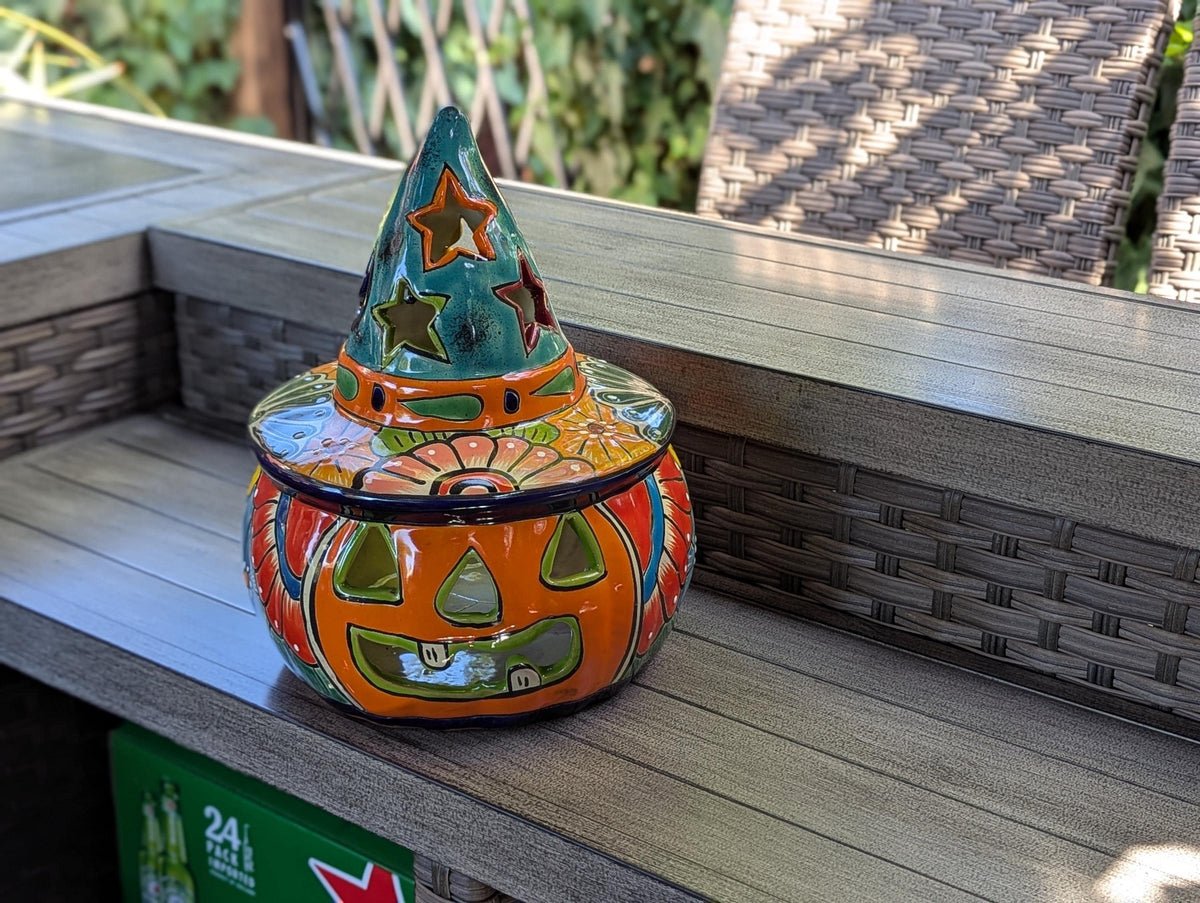 Halloween Pumpkin Fall Decor | Handmade Mexican Talavera Porch Art & House Decor, Large Autumn Jack-o-Lantern