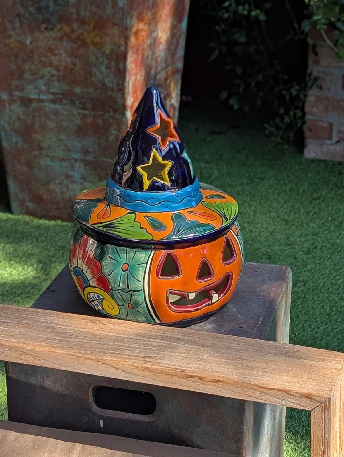 Halloween Pumpkin Fall Decor | Handmade Mexican Talavera Yard Art & Home Decor, Large Autumn Jack-o-Lantern