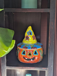 Halloween Pumpkin Decor with LIP CHIP | Handmade Mexican Talavera Yard Art & Home Decor, Large Autumn Jack-o-Lantern, Sold As Is