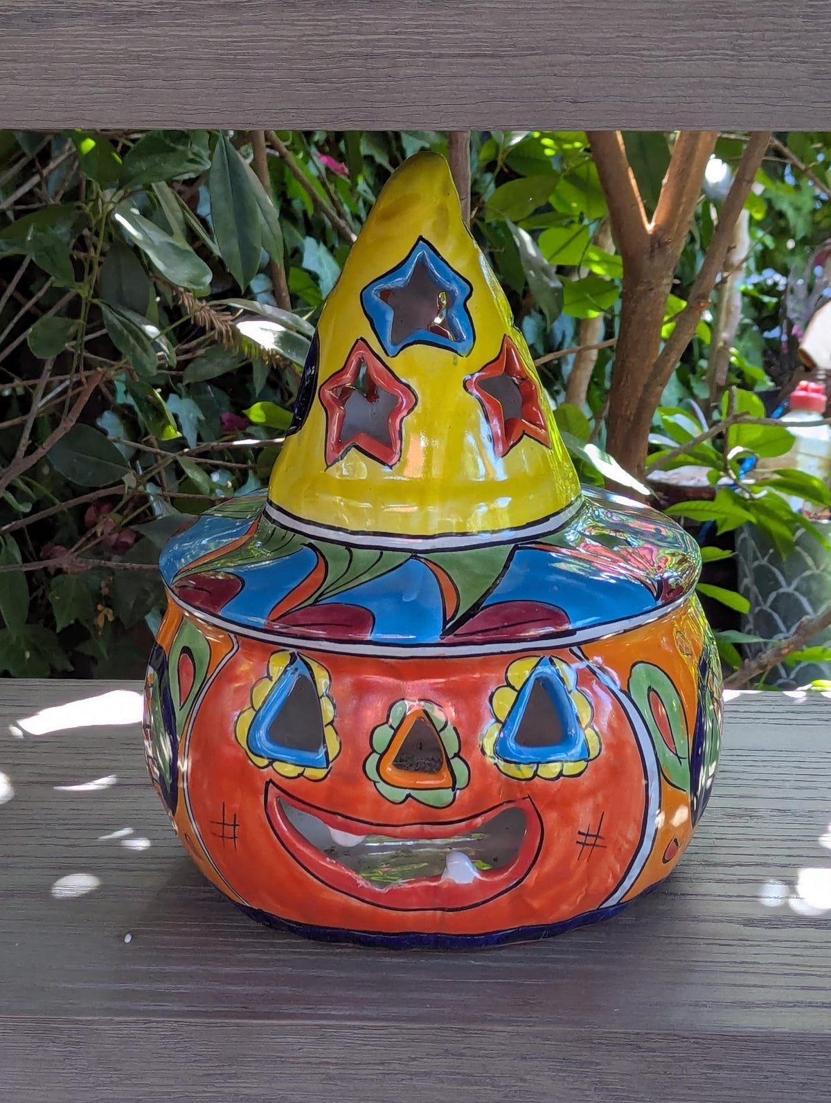 Halloween Pumpkin Decor with LIP CHIP | Handmade Mexican Talavera Yard Art & Home Decor, Large Autumn Jack-o-Lantern, Sold As Is