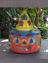 Halloween Pumpkin Decor with LIP CHIP | Handmade Mexican Talavera Yard Art & Home Decor, Large Autumn Jack-o-Lantern, Sold As Is