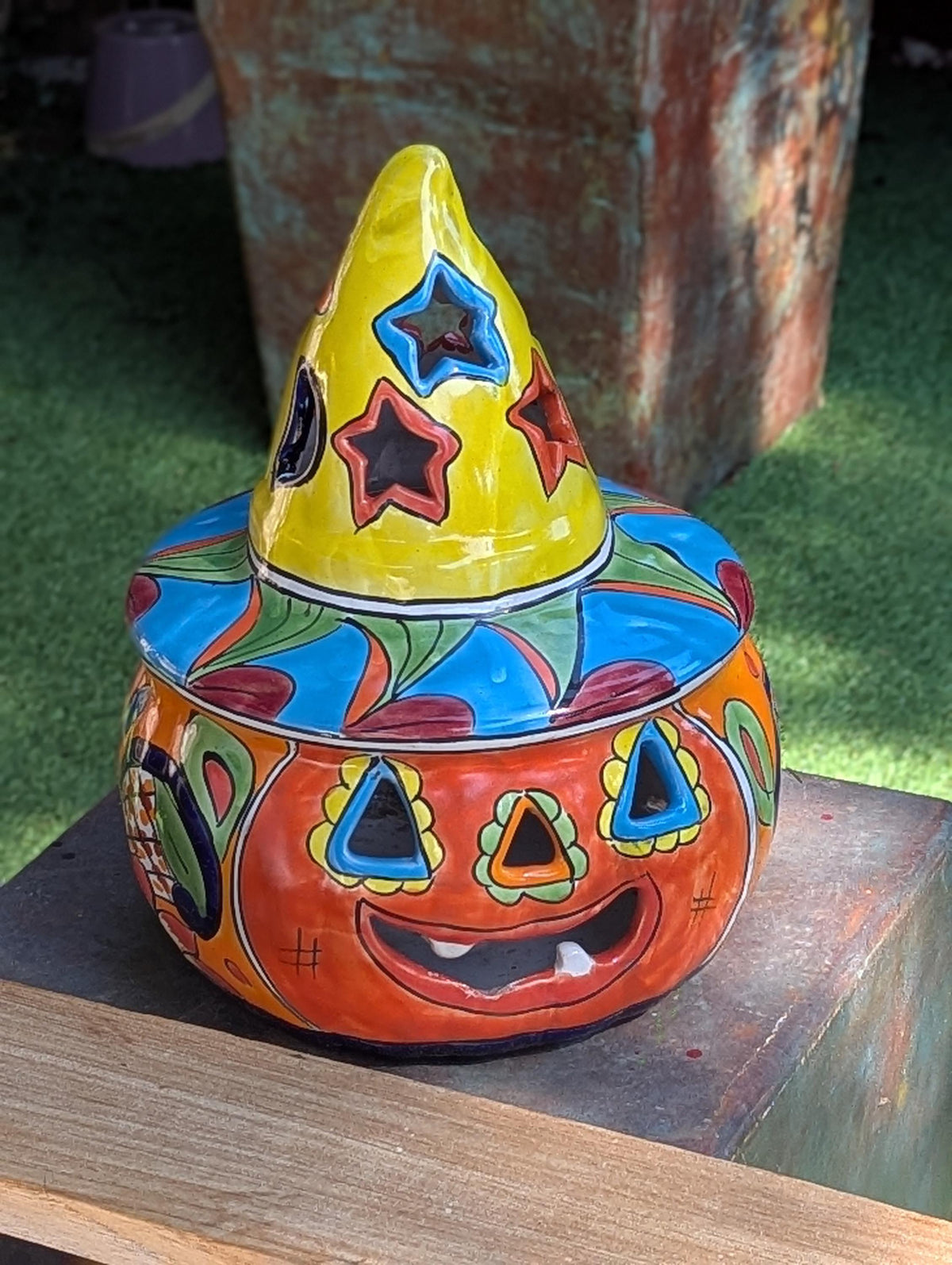Halloween Pumpkin Decor with LIP CHIP | Handmade Mexican Talavera Yard Art & Home Decor, Large Autumn Jack-o-Lantern, Sold As Is