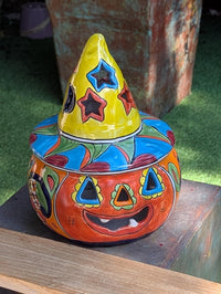 Halloween Pumpkin Decor with LIP CHIP | Handmade Mexican Talavera Yard Art & Home Decor, Large Autumn Jack-o-Lantern, Sold As Is