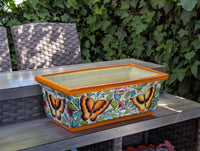Window Box Planter | Handmade Talavera Pottery from Mexico for Flowers or Succulents, Use Indoor or Outdoor, Butterfly Motif