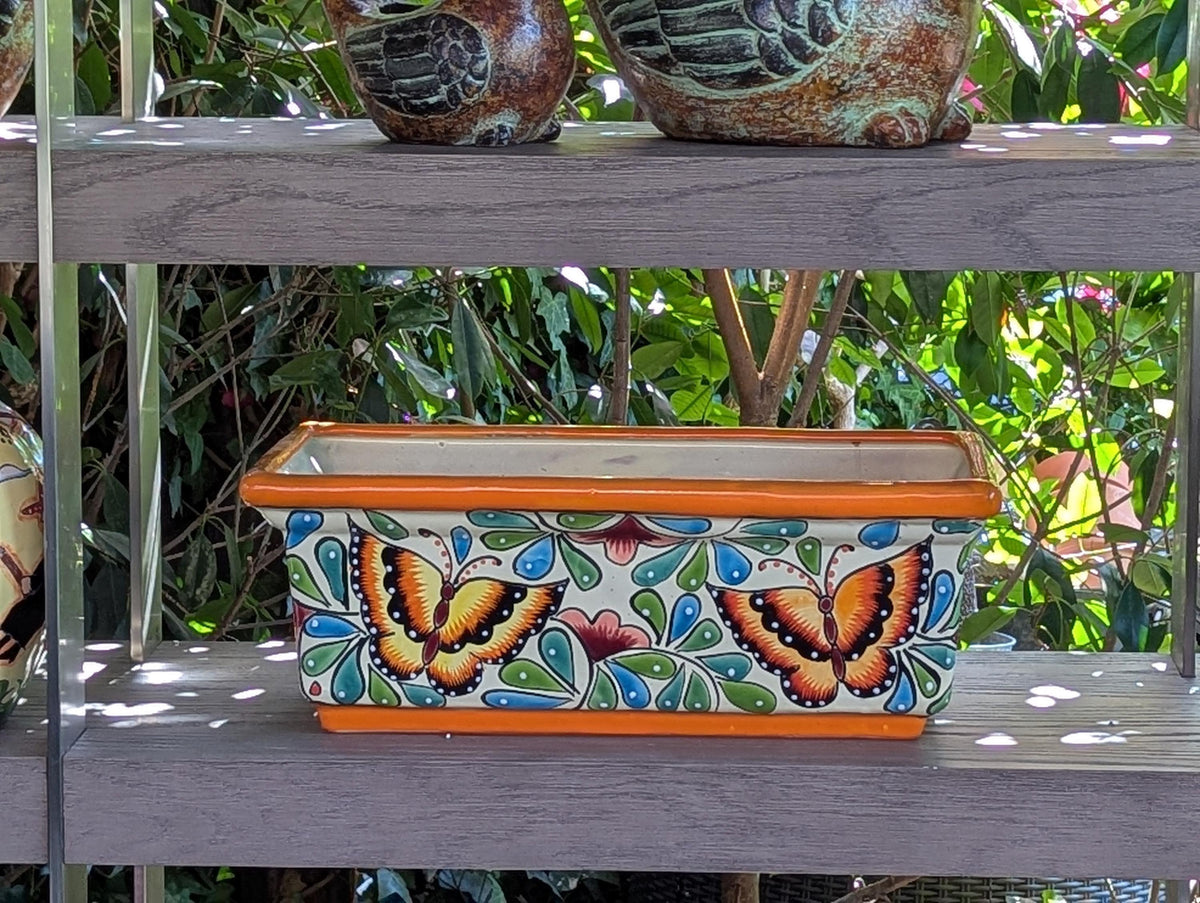 Window Box Planter | Handmade Talavera Pottery from Mexico for Flowers or Succulents, Use Indoor or Outdoor, Butterfly Motif