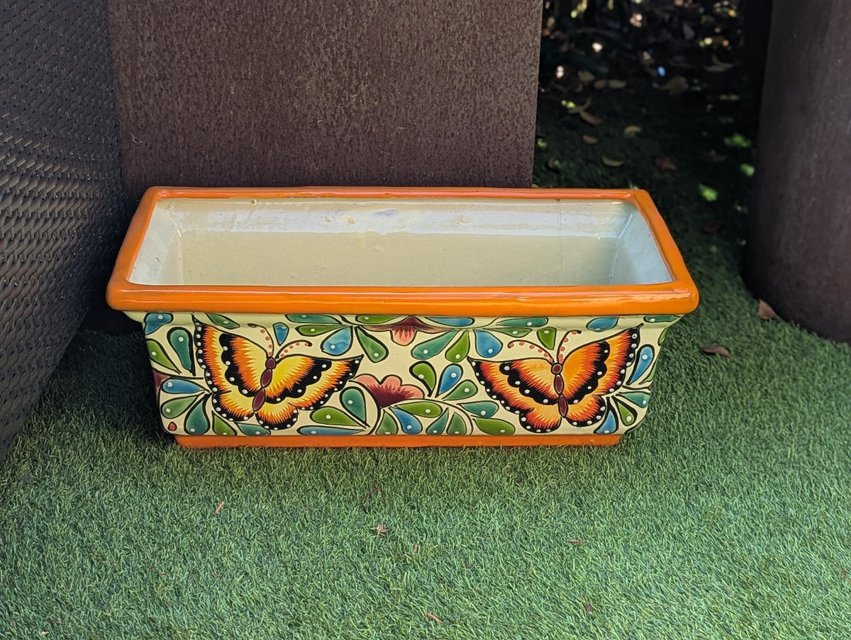 Window Box Planter | Handmade Talavera Pottery from Mexico for Flowers or Succulents, Use Indoor or Outdoor, Butterfly Motif