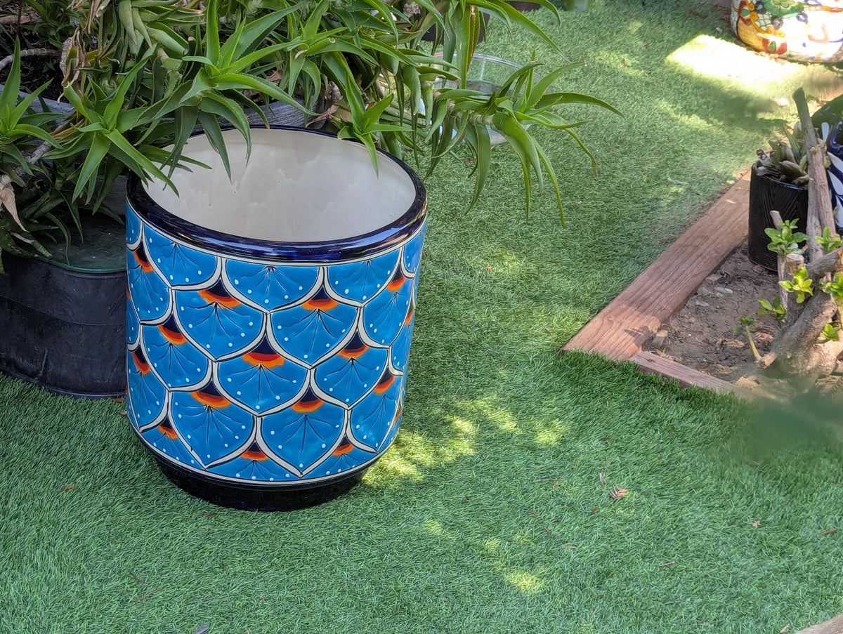 Talavera Planter | 14" Tall Round Flower Pot is Handmade Ceramic Mexican Pottery & Garden Art - Bold Indoor Home Decor or Housewarming Gift