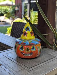 Halloween Pumpkin Decor with LIP CHIP | Handmade Mexican Talavera Yard Art & Home Decor, Large Autumn Jack-o-Lantern, Sold As Is