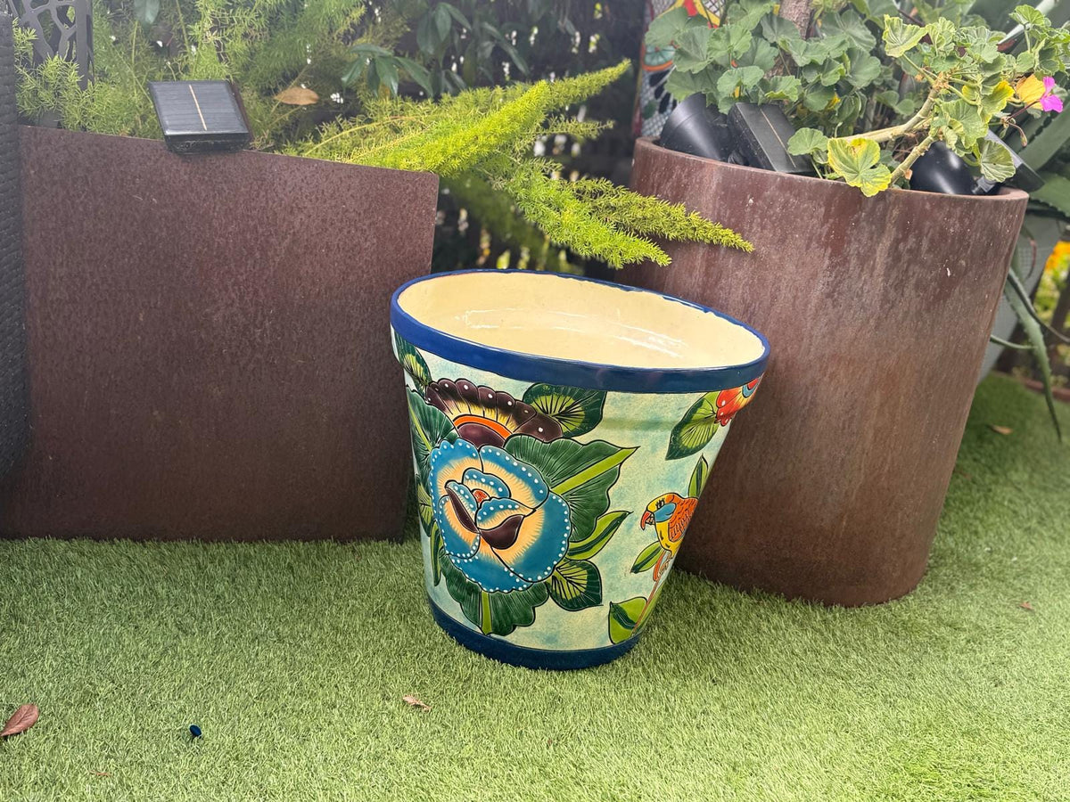 10.5" Round Parrot Planter is Exquisite Handmade Ceramic Mexican Pottery