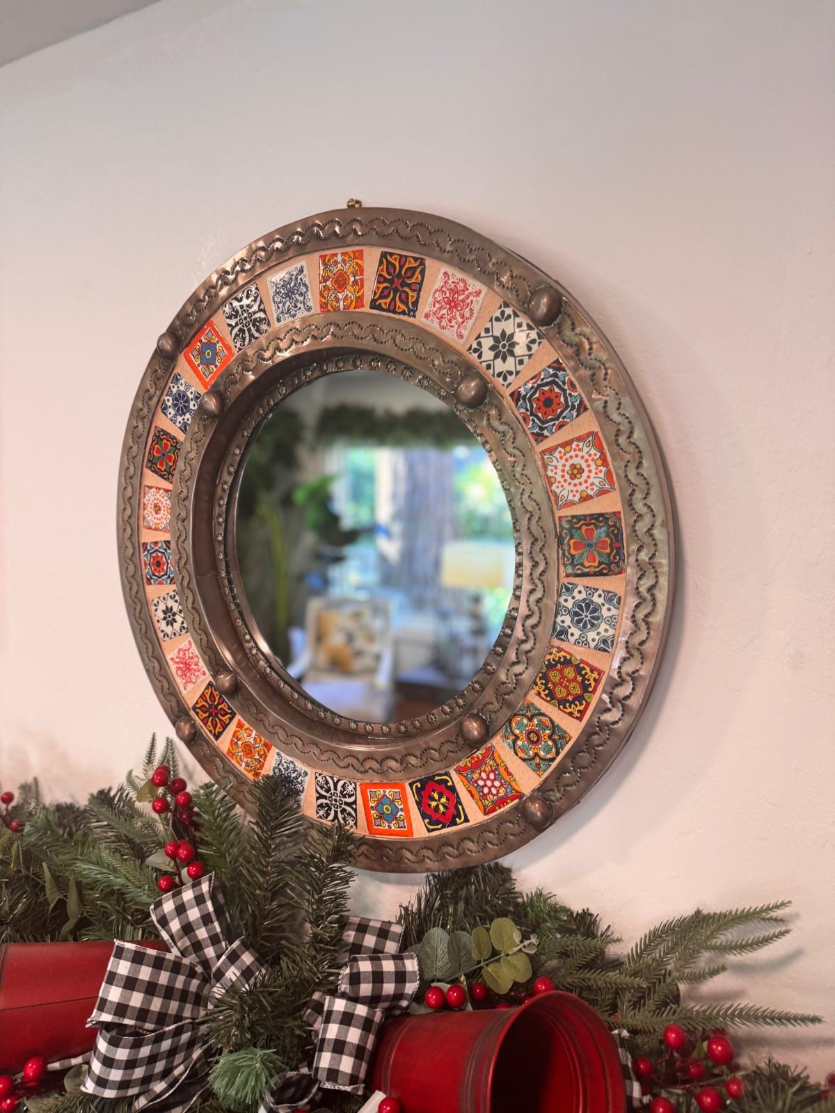 Talavera Tile & Punched Tin Mirror | Indoor Mexican Decor