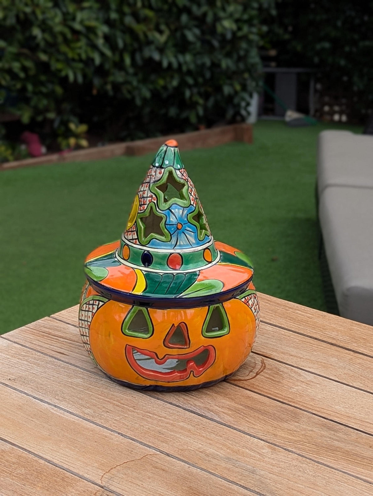Halloween Pumpkin Decor | Handmade Mexican Talavera Yard Art & Home Decor, Large Autumn Jack-o-Lantern, Sold As Is