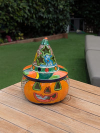 Halloween Pumpkin Decor | Handmade Mexican Talavera Yard Art & Home Decor, Large Autumn Jack-o-Lantern, Sold As Is