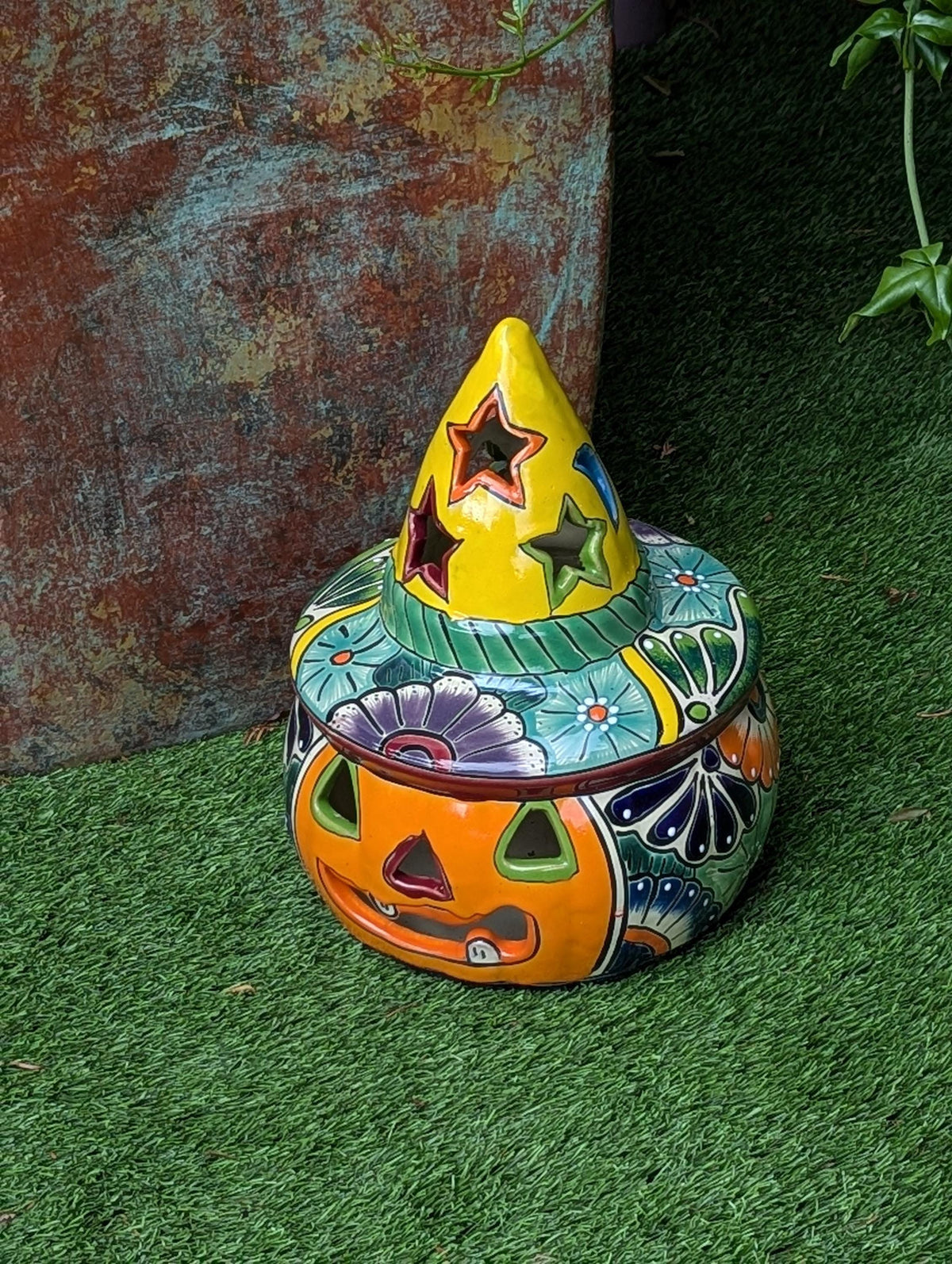 Halloween Pumpkin Decor | Handmade Mexican Talavera Yard Art & Home Decor, Large Autumn Jack-o-Lantern