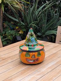 Halloween Pumpkin Decor | Handmade Mexican Talavera Yard Art & Home Decor, Large Autumn Jack-o-Lantern