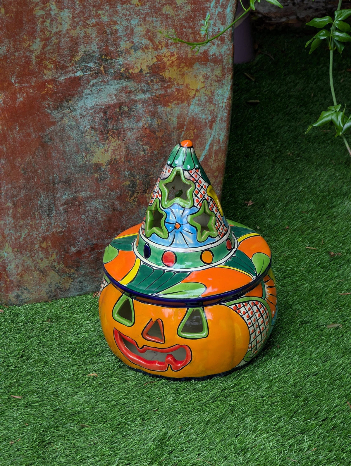Halloween Pumpkin Decor | Handmade Mexican Talavera Yard Art & Home Decor, Large Autumn Jack-o-Lantern