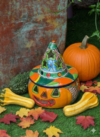Halloween Pumpkin Decor | Handmade Mexican Talavera Yard Art & Home Decor, Large Autumn Jack-o-Lantern