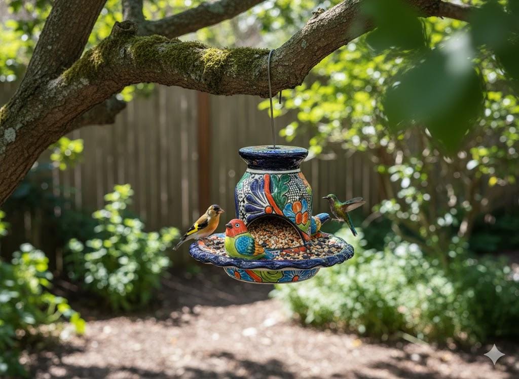 Ceramic Bird Feeder Talavera Pottery, Decorative Outdoor Hanging Feeder Station with Chain, Handmade Mexican Pottery Attract Wild Birds
