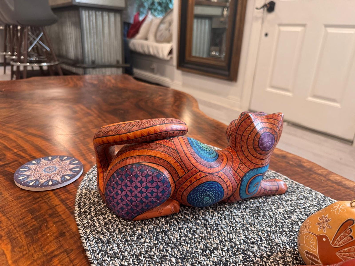 Cat Alebrije is Genuine Mexican Folk Art | Vibrant Handcraftsmanship on this Oaxacan Wood Carving is Superb, Collectible Home Decor