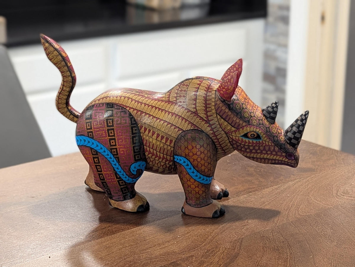 Rhino Alebrije is Genuine Mexican Folk Art | Vibrant Handcraftsmanship on this Oaxacan Wood Carving is Superb, Collectible Home Decor