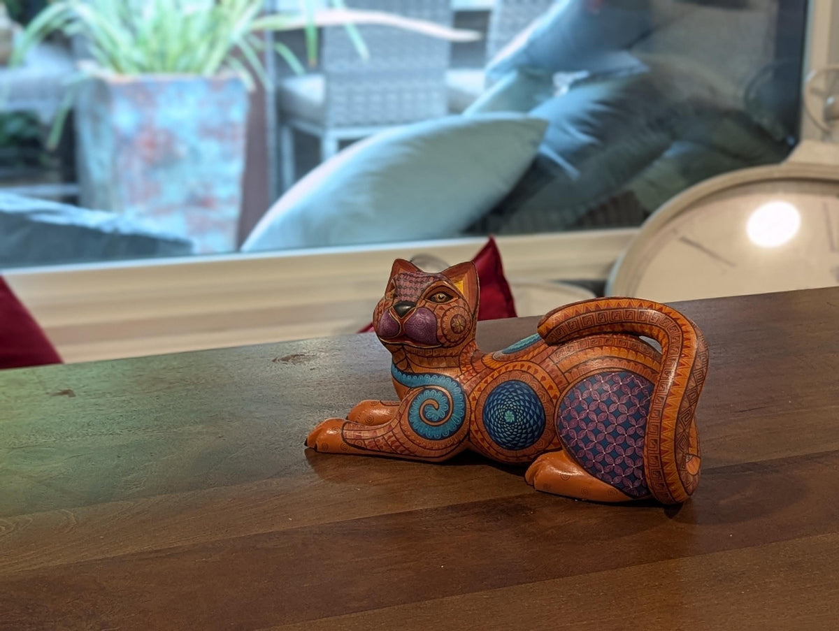 Cat Alebrije is Genuine Mexican Folk Art | Vibrant Handcraftsmanship on this Oaxacan Wood Carving is Superb, Collectible Home Decor