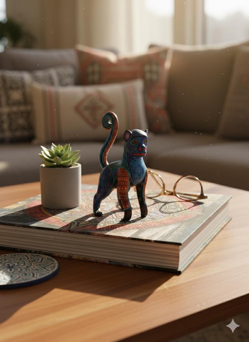 Monkey Alebrije is Genuine Mexican Folk Art | Vibrant Handcraftsmanship on this Oaxacan Wood Carving is Superb, Collectible Home Decor