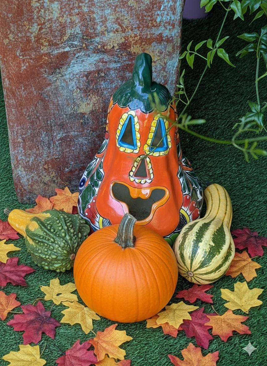Talavera Haloween Pumpkin is a Handmade Mexican Ceramic Jack-o-Lantern Decor