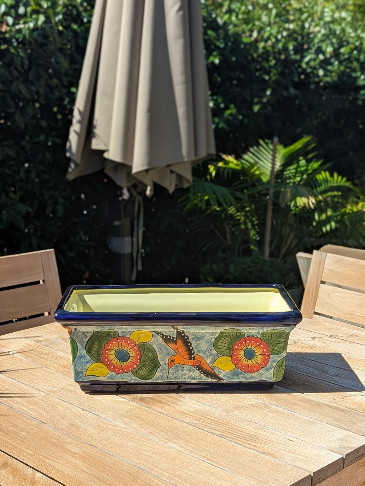 Windowsill Planter is Handmade Mexican Talavera Pottery with Hummingbird Motif
