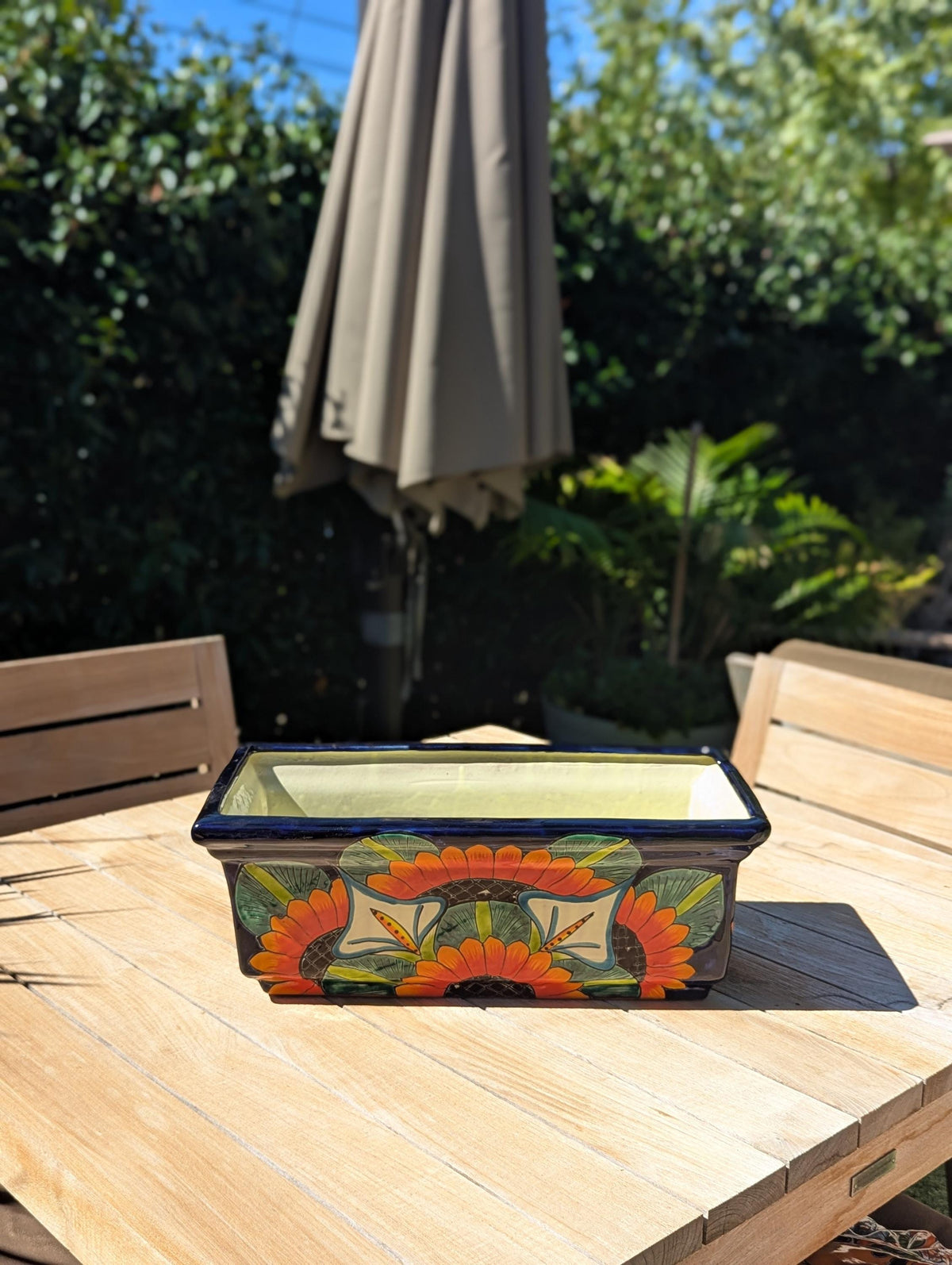 Window Box Planter is Handmade Talavera Mexican Pottery with a Sunflower Lily Motif