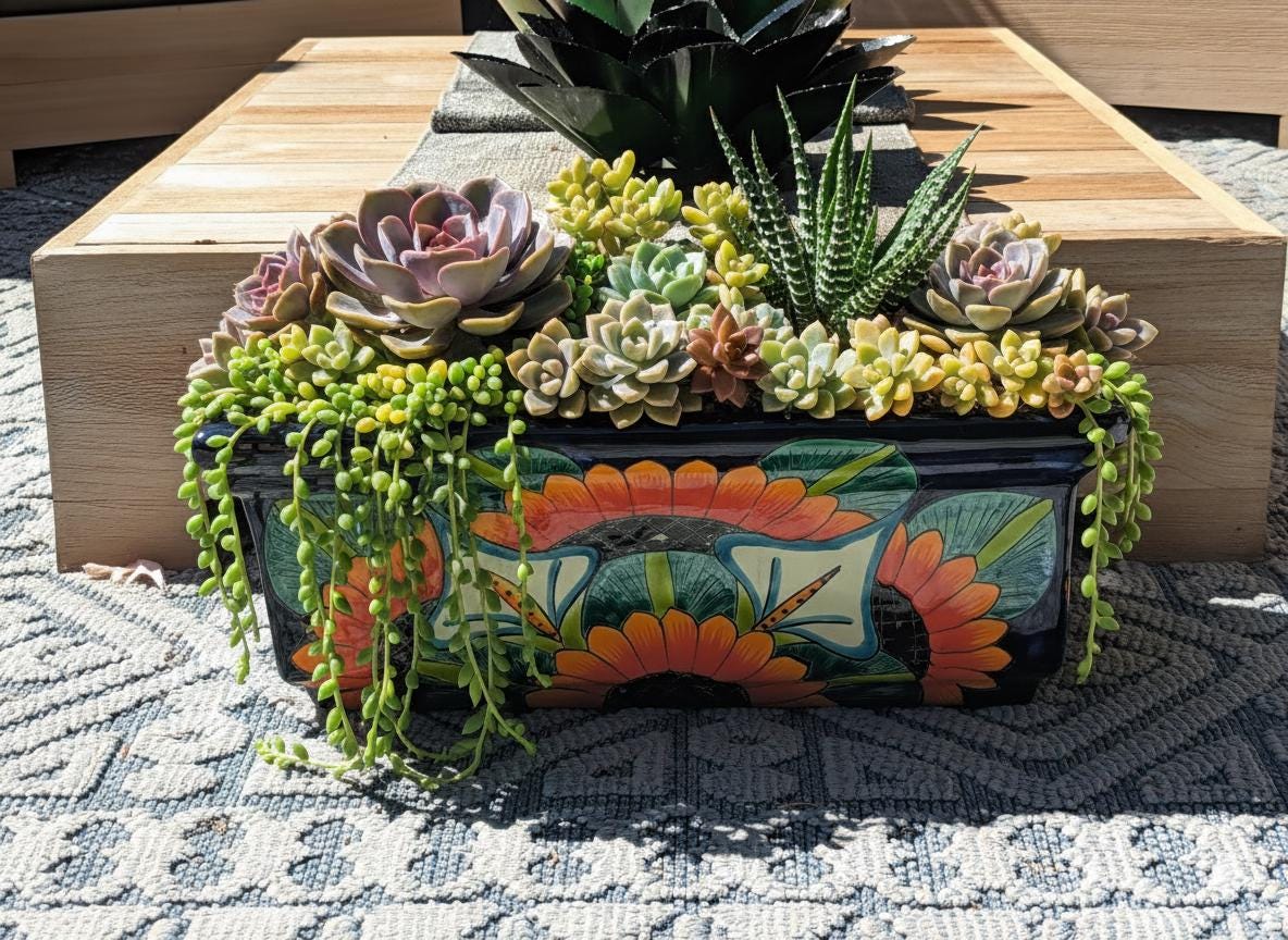 Window Box Planter is Handmade Talavera Mexican Pottery with a Sunflower Lily Motif